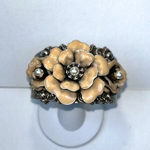 Designer Sweet Romance Stainless Steel 3 Enamel Roses Pearl Cuff Bracelet Boho